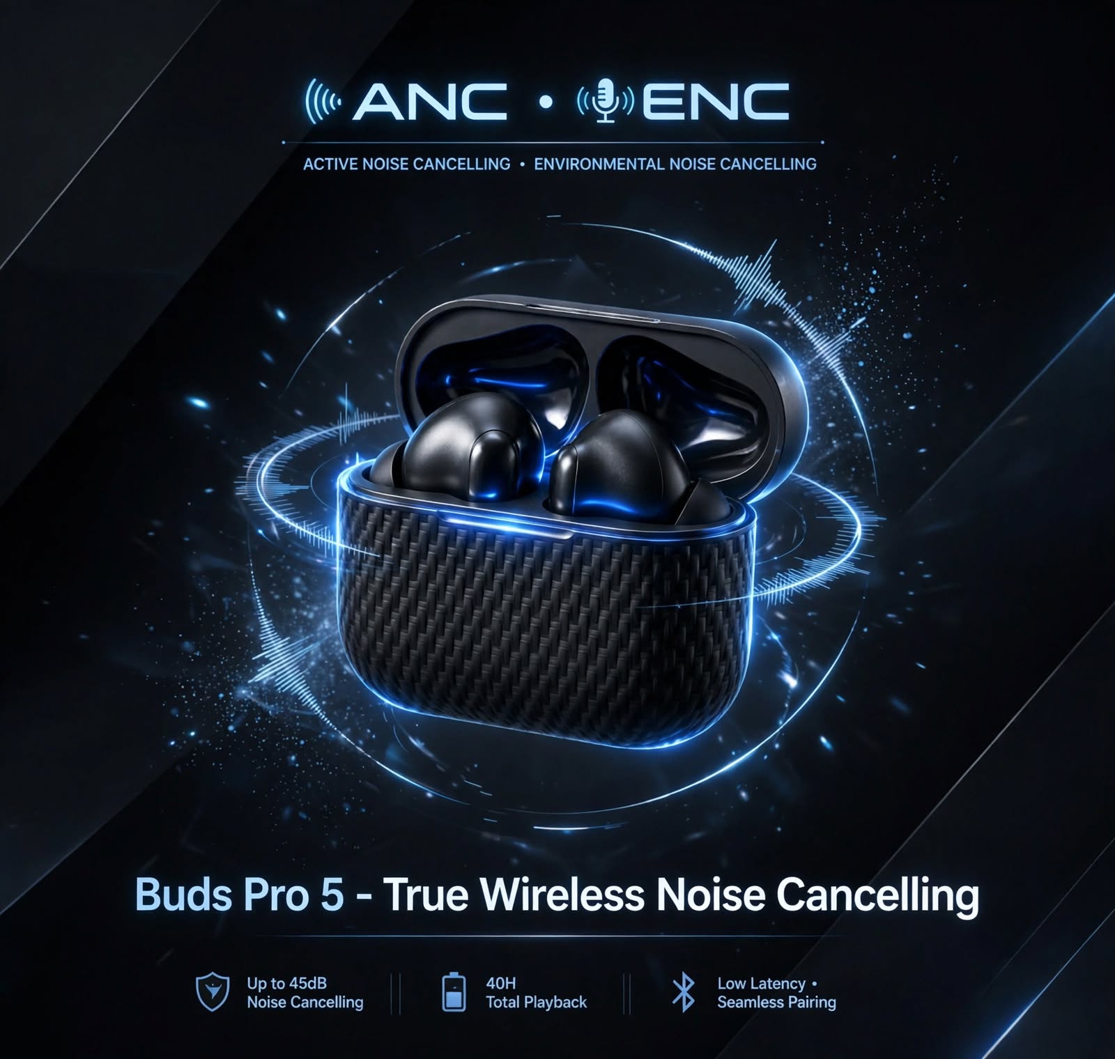 Buds Pro 5 Wireless Bluetooth Earbuds with ANC ENC Noise Cancellation, Bluetooth 5.3, HD HiFi Stereo Sound, Touch Control, Type-C Fast Charging, 30H Long Battery, Low Latency Gaming Earphones with Mic