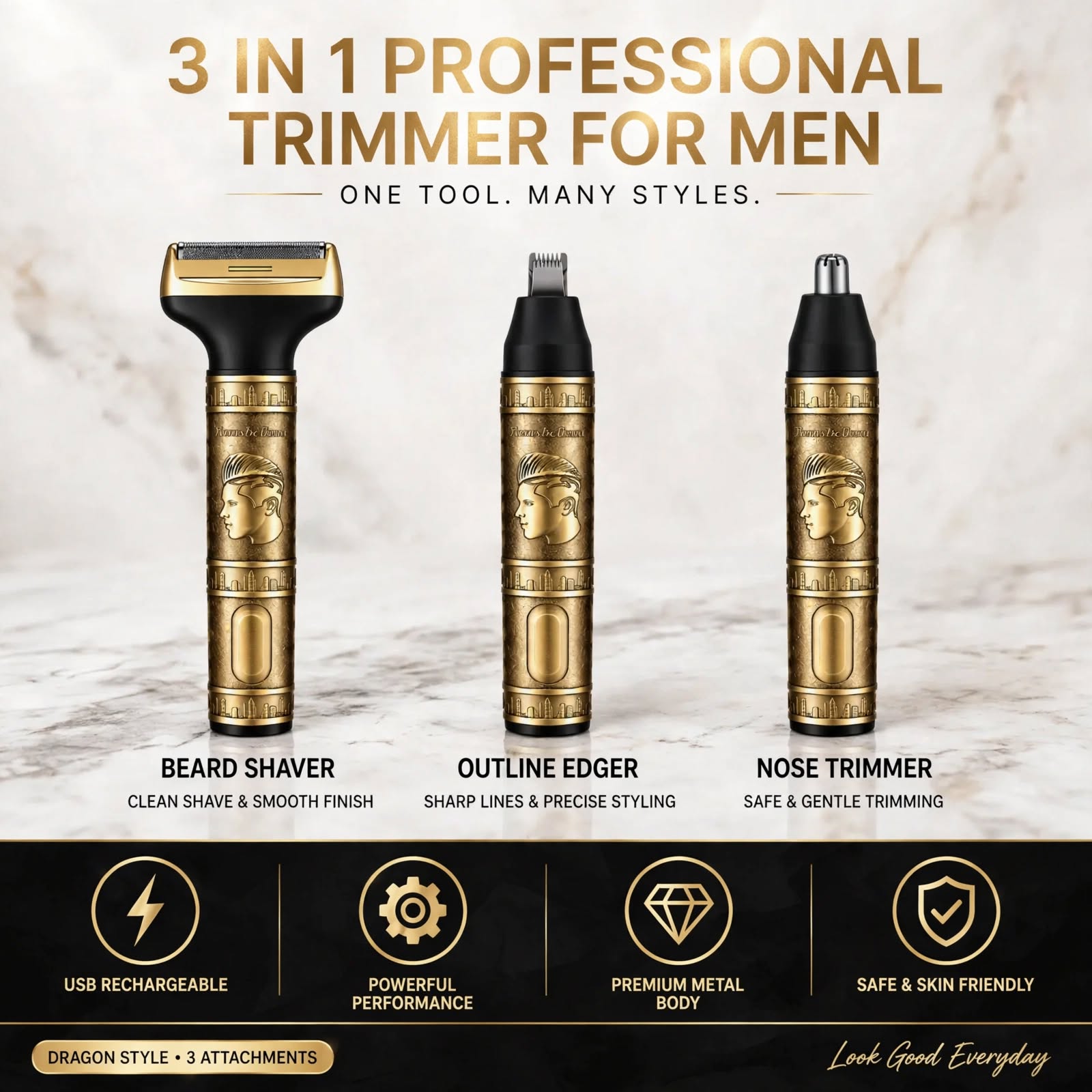 3 in 1 PROFESSIONAL DRAGON STYLE TRIMMER FOR MEN, Usb Rechargeable Outline Edger Beard Trimmer, GROOMING KIT FOR MEN
