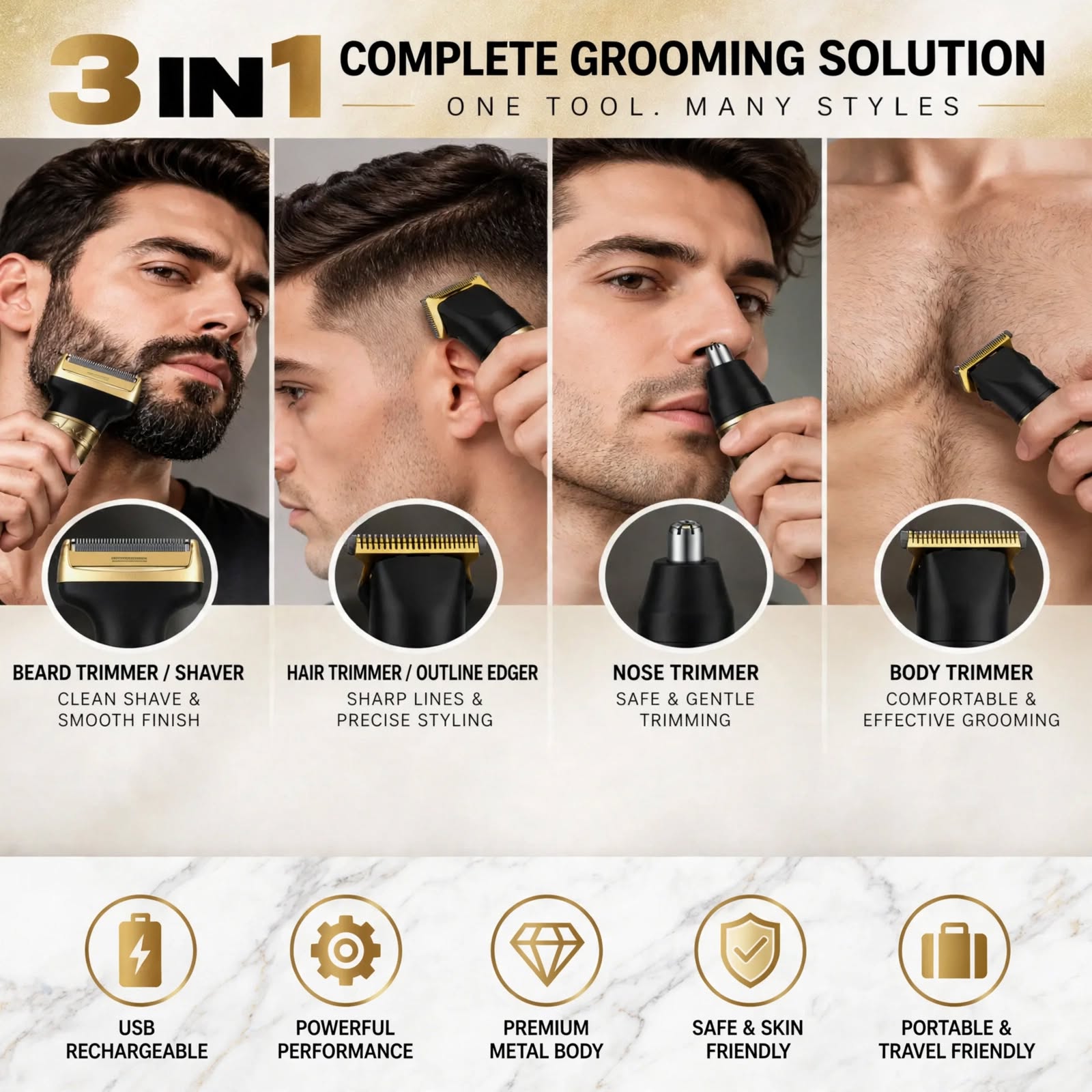 3 in 1 PROFESSIONAL DRAGON STYLE TRIMMER FOR MEN, Usb Rechargeable Outline Edger Beard Trimmer, GROOMING KIT FOR MEN